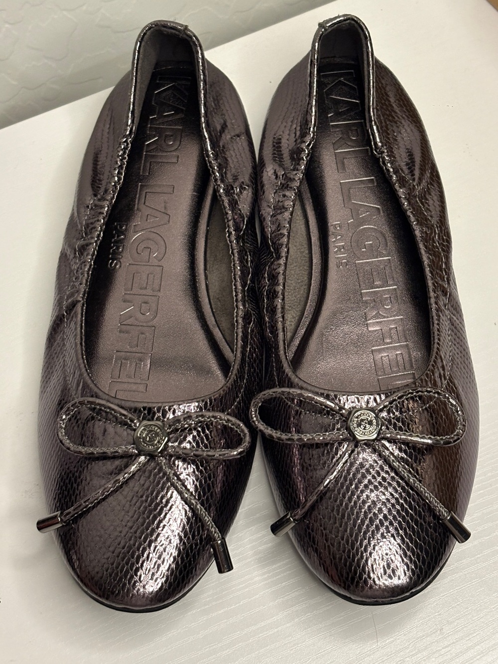 Karl Lagerfeld Metallic Dark Brown Snake-Texture Ballet Flats